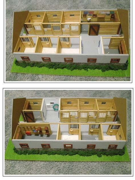 This is my 6-stall barn layout! Small Stable Ideas Horse Stalls, Horse Farm Ideas Stables, 6 Stall Horse Barn Plans, Small Barn Layout, Diy Schleich Horse Barn, Multi Animal Barn Layout, Horse Farm Layout With House, Barn Layout Multi Animal, Small Stable Ideas