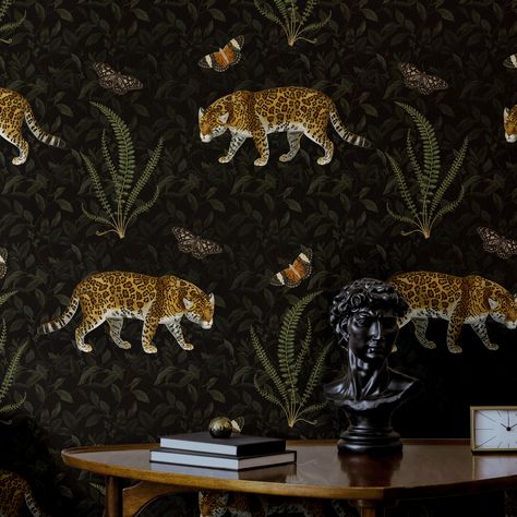 Dark Vintage Leopard Wallpaper | Moody Maximalist Bedroom Bathroom Library | Removable, Peel and Stick, Prepasted | Forest Fern Leaf Jungle Moody Maximalist Bedroom, Bathroom Library, Leopard Bedroom, Wallpaper Moody, Moody Maximalist, Maximalist Bedroom, Forest Fern, Moody Vintage, Dark Vintage