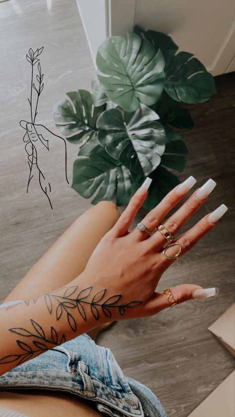 Ivy Finger Tattoos For Women, Gratitude Hand Tattoo, Monstera Hand Tattoo, Plant Hand Tattoos For Women, Leaves Tattoo Hand, Botanical Wrist Tattoo, Finger Tattoos Leaves, Leaves Around Arm Tattoo, Sleeve Fillers For Women Tattoo Ideas