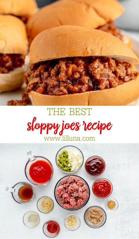 Saucy and savory Homemade Sloppy Joes are delicious meat-loaded sandwiches. This recipe is quick and easy, perfect for feeding a crowd! #sloppyjoes #easydinner #sloppyjoe #dinner Sloppy Joe Recipe Manwich, Unique Sloppy Joe Recipes, Hamburger Bbq Recipe Sloppy Joe, Manwich Sloppy Joes, Different Sloppy Joe Recipes, Open Face Sloppy Joe, Left Over Sloppy Joe Meat What To Do With, Sloppy Joe Recipe, Manwhich Sloppy Joes