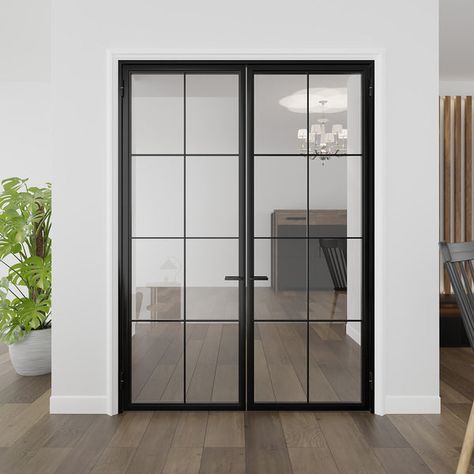 Eight Light Double Door Iron And Glass Office Doors, Glass Industrial Door, Glass Double Doors Interior, Black Interior Glass Doors, Black Glass Office Doors, Interior Steel Doors, Black Glass Doors Interior, 3 Panel Shaker Interior Doors, Glass Walls In House