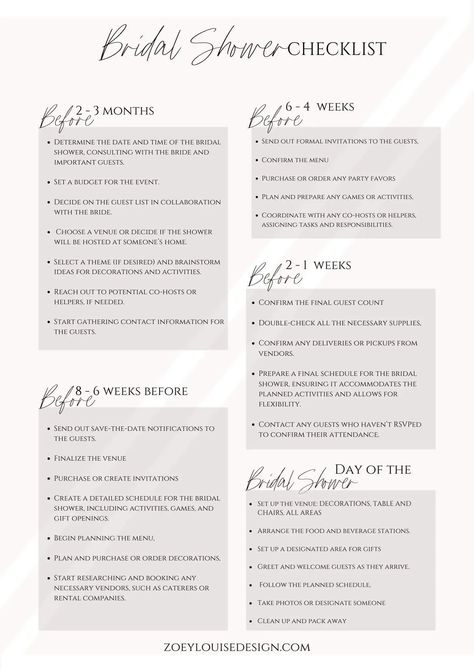 bridal shower checklist Hens Party Planning Checklist, Bachelorette Planning Checklist, Bridal Shower Timeline, Event Planning Board, Bridal Shower Planning Checklist, Bridal Shower Checklist, Shower Checklist, Bridal Makeup For Blondes, Party Timeline