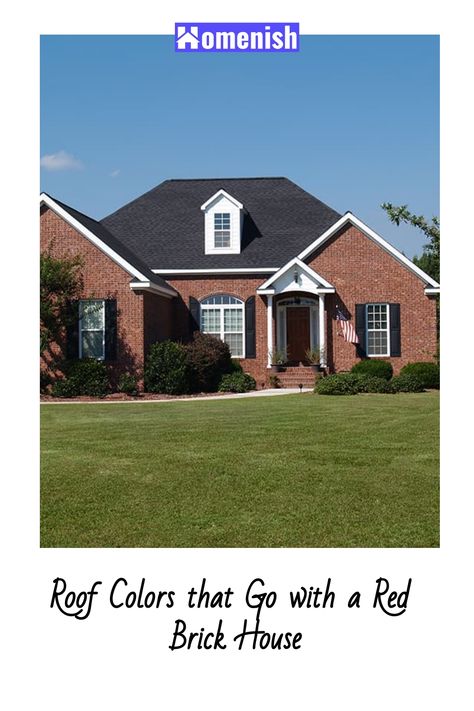 Red Brick House Shingle Colors, Red Brick House Exterior Roof Color, Red Brick Black Roof House Exteriors, Roof Colors With Red Brick, Shingles For Red Brick House, Red Brick House With Black Roof, Black Roof Red Brick House, Red Brick House With Black Shutters, Red Brick Roof Colors