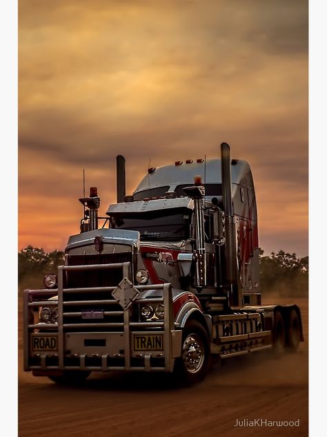 "Prime Mover Kenworth truck at Sunset" Poster by JuliaKHarwood #Aff , #AFF, #Kenworth, #Mover, #Prime, #truck Landcruiser Ute, Sunset Poster, Tractor Trailer Truck, Monster Truck Party, Truck Transport, Vintage Pickup Trucks, Transformers Autobots, Road Train, Truck Yeah