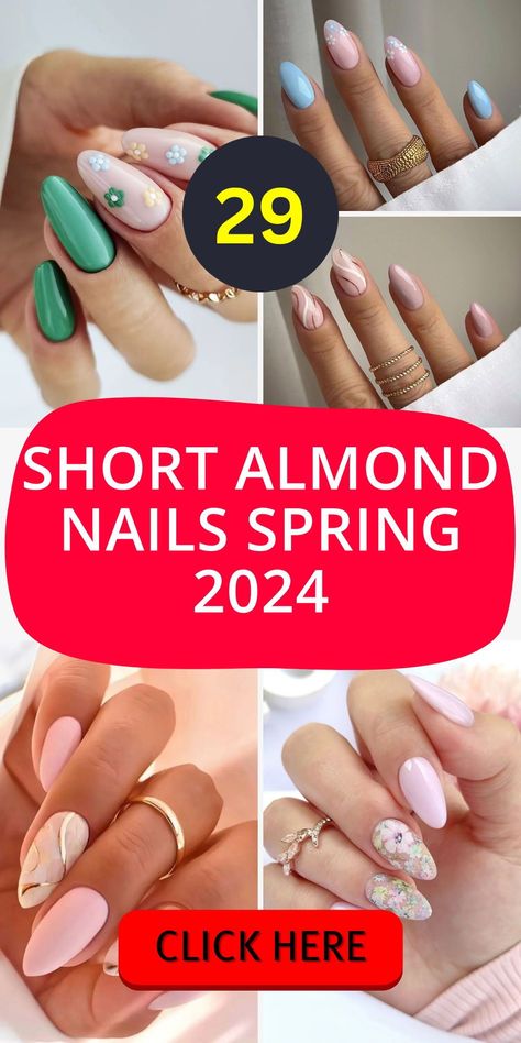 Get ready to dazzle with the short almond nails spring 2024 collection. These designs emphasize simple yet stunning patterns, featuring an array of pastel and vibrant colors. Whether you prefer a single shade of pink or a mix of various hues, our design ideas for 2024 have got you covered, making your nails a true fashion statement. Spring Short Almond Shaped Nails, Spring 2024 Almond Nails, Spring Nails 2024 Trends Pastel, Short Almond Nails Spring Colors, April Nails 2024 Trends, Spring Nail Colors Almond Shape, Nail Designs For May 2024, Nails Design Spring 2024, Almond Nails Designs Pastel Colors