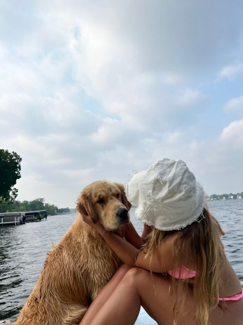 Lake day, lake life, bikini, pic inspo, lake picture inspo, golden retriever Lake Insta Pics, Golden Retriever Lake, Lake Pictures Aesthetic, Summer Instagram Pictures, Anastasia Movie, Lake Photoshoot, Cutest Pets, Lake Girl, Dog Swimming