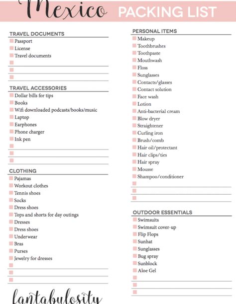 Packing list for Mexico: free printable! Perfect for cancun, riviera maya, outfits planning, and what to bring! Cancun Packing List, Packing List For Mexico, Riveria Maya Mexico, Cancun Honeymoon, Mexico Packing List, Honeymoon Packing List, Honeymoon Packing, Contact Solution, Cancun Vacation