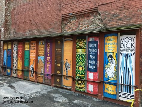 Book Mural, Library Mural, Building Murals, Rockwell Kent, Sidewalk Art, School Murals, Library Wall, Library Shelves, Book Wall