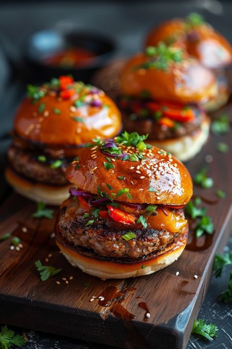 Gourmet burgers topped with cheese, red peppers, and fresh herbs on a wooden board. Mini Chicken Burger Sliders, Mini Hamburger Patties, Slider Hamburgers Mini Burgers, Slider Burger Recipes, Mini Sliders Hamburger, Appetizers For A Wedding, Mini Sliders Recipe, Fancy Sliders, Burger Sliders Recipes Hawaiian Rolls