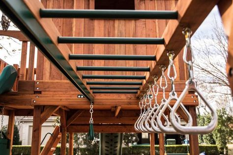 Monkey bars with trackline and d-ring swing set accessories Diy Monkey Bars Backyards, Monkey Bars Diy, Outdoor Monkey Bars, Monkey Bars For Kids, Monkey Bars Playground, Playhouse With Monkey Bars, Diy Monkey Bars, Outdoor Monkey Bars Jungle Gym, Backyard Jungle Gym