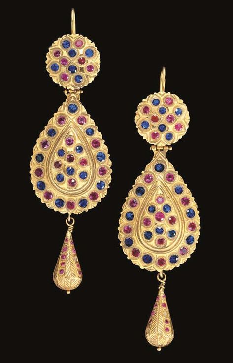 A PAIR OF MOROCCAN ROSE-CUT DIAMOND-INSET GOLD EARRINGS (MATICHA) | FEZ, 19TH CENTURY | Christie's Arabic Aesthetic, Moroccan Rose, Ancient Jewellery, Moroccan Jewelry, Historical Jewellery, Ancient Jewelry, Blue Gemstones, Ethnic Jewelry, Rose Cut Diamond