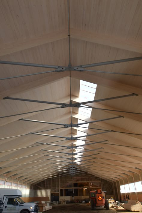 Magnificent farm built with glulam wood timber frame. Scissor Truss Ceiling Beams, School Structure, Fortification Architecture, Ecological Architecture, Scissor Truss, Farm Building, Wood Truss, Truss Structure, Tension Rods