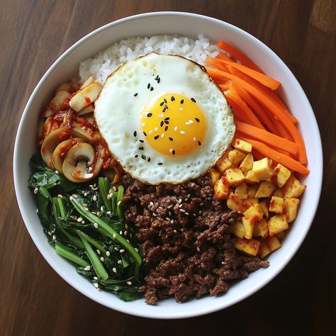 🍚 "Spicy Korean Beef Bibimbap is a vibrant, flavorful meal that's sure to satisfy with its perfect blend of spicy and savory!" 🍚🌶️ #Bibimbap #KoreanCuisine Spicy Korean Beef Bibimbap Ingredients: Ground beef (1 lb) Gochujang (3 tbsp) Soy sauce (2 tbsp) Garlic (3 cloves, minced) Sesame oil (1 tbsp) Cooked rice (2 cups) Assorted vegetables (e.g., spinach, carrots, mushrooms, 1 cup each, cooked) Egg (1, fried) Instructions: Cook ground beef with gochujang, soy sauce, garlic, and sesame oil u... Korean Spicy Pork Bulgogi, Bim Bim Bap Recipe, Bibimbap Aesthetic, Bibimbap Recipe Korean, Korean Beef Bibimbap, Beef Bibimbap, Spicy Korean Beef, Korean Night, Korean Meals