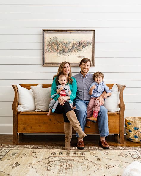 Mandy and Randy and their children, Lizzie (1) and Beau (4).   - CountryLiving.com White Decorating Ideas, Church Pew, Summer Kitchen, White Rooms, White Furniture, Entry Foyer, Rustic Cabin, Country Home, White Decor