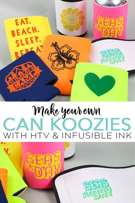 Learn how to make your own koozie with a Cricut and either heat transfer vinyl or Infusible Ink! A simple DIY koozie is great for gifts and party favors! #cricut #cricutmade #infusibleink #party #summer #giftidea #htv #cutfile How To Make Koozies With Cricut, Party Favors Cricut, Koozie Ideas Vinyl, Cricut Koozies, Koozies Diy, Cricut Tumblers, Koozie Design, Cricket Machine, Chalk Stencils