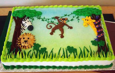 Jungle Cake Pops, Jungle Baby Shower Cake, Baby Shower Sheet Cakes, Jungle Birthday Cakes, Safari Baby Shower Cake, Jungle Theme Cakes, Jungle Theme Birthday Party, Baby Shower Safari Theme, Birthday Sheet Cakes