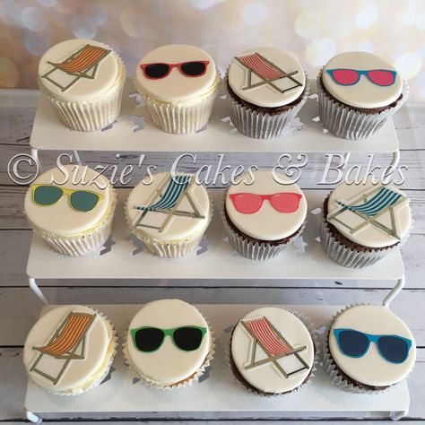 Sunglasses & deckchairs cupcakes Sunglasses Cake Ideas, Lego Pool, Pool Party, No Bake Cake, Cupcake, Lego, Pool, Sunglasses, Baking