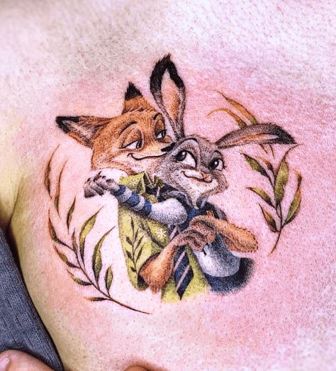 Zootopia Tattoo, Zootopia Anime, Hop Tattoo, Disney Sleeve Tattoos, Cute Couples Costumes, Zootopia Fanart, Zootopia Nick And Judy, Tattoo Couple, Disney Sleeve