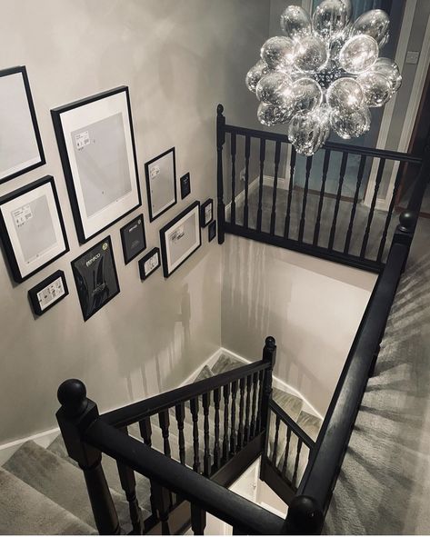 11 Unforgettable Taupe Hallway Ideas For Any Home 5 Hallway Ideas Grey Carpet, Navy And Grey Hallway Ideas, Hallway With Black Banister, Small Upstairs Hallway Ideas Landing, Black Banister Hallway Ideas, Grey White Hallway, Black White And Grey Hallway Ideas, Split Colour Walls, Downstairs Hallway Ideas