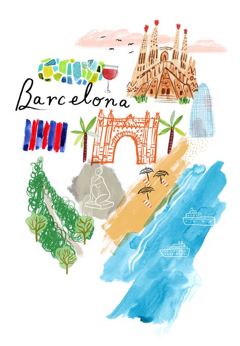 Barcelona, Spain - illustrated by Katie Vernon Barcelona Doodle, Spain Graphic Design, Barcelona Map Illustration, Barcelona Cartoon, Barcelona Scrapbook, Spain Scrapbook, Barcelona Drawing, Katie Vernon, Spain Illustration