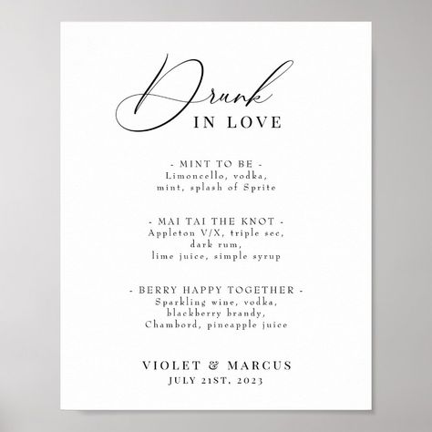 Wedding Cocktail or Bar Menu Elegant Drunk in Love Poster  Zazzle Drunk Love, Engagement Brunch, Poster Advertisement, Menu Wedding, Love Poster, Drunk In Love, Elegant Calligraphy, Dark Rum, Cocktail Menu