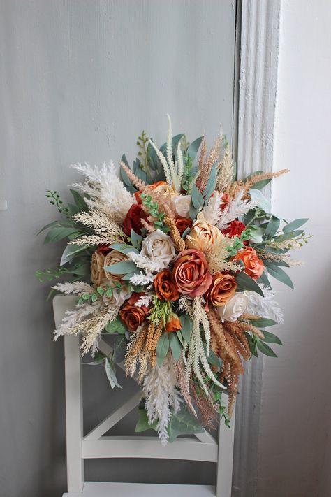 Boho Cascading Bouquet, Rust Corsage, Rust Themed Wedding, Pampas Wedding Flowers, Rust Wedding Flowers, Boho Bride Bouquet, Terracota Wedding, Fall Boutonniere, Bouquet Styles