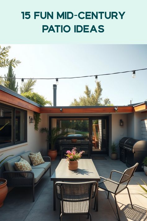 Transform your outdoor space with 15 creative ideas that boost your mid-century patio's charm! Whether you're a vintage lover or just want trendy ways to boost outdoor aesthetics, these tips will help you pick stylish geometric patterns, chic furniture, and unique decorative touches. Create an inviting atmosphere with playful color palettes and retro designs that reflect the iconic mid-century style. Get tips to blend modern comforts with vintage vibes to make your patio a go-to spot for relaxing and entertaining this season. Mid Century Patio Ideas, Mid Century Outdoor Patio, Mid Century Modern Deck, Mid Century Modern Patio, Unique Accent Tables, Mid Century Outdoor, Modern Deck, Modern Outdoor Patio, Outdoor Patios