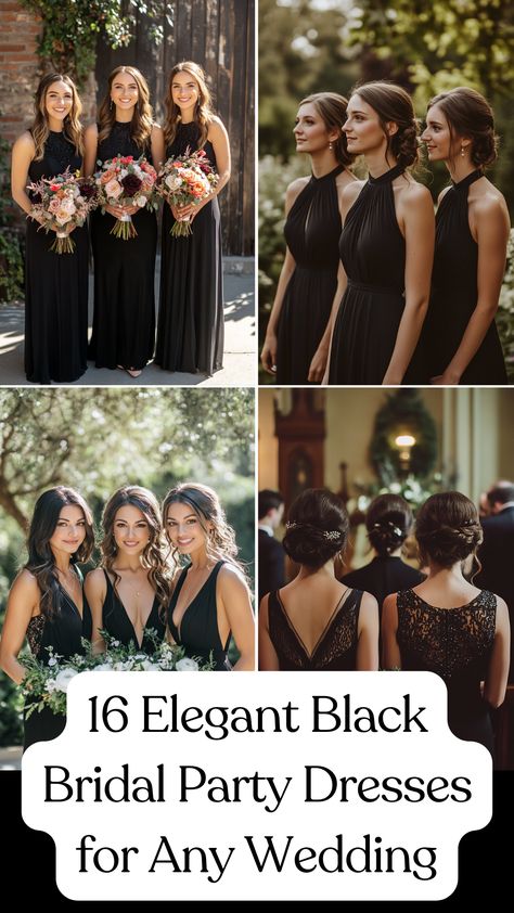 Bridesmaids wearing elegant black dresses at a wedding, showcasing chic and timeless style for any wedding theme. Black Satin Bridal Party, Summer Wedding Black Bridesmaid Dresses, Black Dress Bridal Party, Black Bridesmaid Dresses Spring, All Black Bridal Party, Black Bridal Party Attire, Black And White Bridesmaid Dresses, Black Bridal Party, Black Bridesmaids Dresses