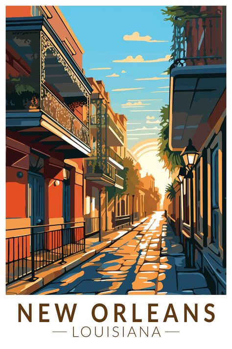 New Orleans Louisiana French Quarter Travel Art Poster New Orleans Travel Poster, New Orleans Graphic Design, Creativity Journal, Acrylic Painting Inspiration, New Orleans Art, Classic Poster, Tourism Poster, City Cartoon, New Orleans Travel