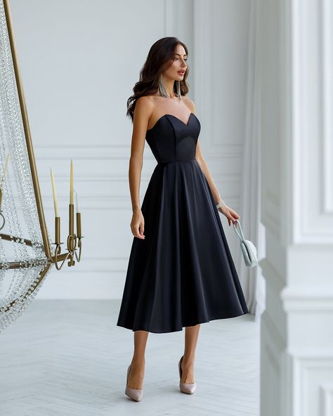 Black Midi Wedding Dress, Luxury Knee-length Off Shoulder Cocktail Dress, Luxury Knee-length Off-shoulder Cocktail Dress, Luxury Chic Strapless Knee-length Dress, Luxury Off-shoulder Cocktail Dress With Sweetheart Neckline, Sheath Cocktail Dress, Black Tea Length Dress Classy, Midi Dress Date Night Outfit, Black Corset Midi Dress