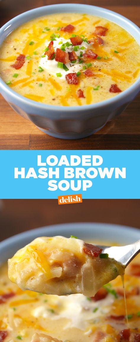 Hash brown lovers, this soup is gonna become your go-to this fall.﻿ Get the recipe from Delish.com. Hash Brown Soup, Hashbrown Soup, Hash Brown Potato Soup, Irish Potato Soup, Loaded Potato Soup, Loaded Baked Potato Soup, Baked Potato Soup, Hash Brown, Soup And Stew