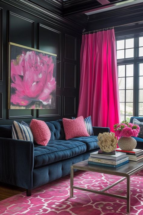 26 Pink and Black Living Room Ideas for a Chic Interior Update Navy And Hot Pink Living Room, Swanky Living Room, Pink And Blue Living Room Ideas, Pink And Black Living Room, Magenta Living Room, Blue Pink Living Room, Hot Pink Couch, Black Living Rooms, Blue And Pink Living Room