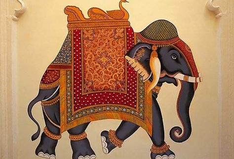 Wedding Elephant Illustration, Mughal Animals, Rajasthan Illustration, Indian Elephant Painting, Mughal Elephant, Wedding Elephant, Oberoi Udaivilas, Indian Elephant Art, Phad Painting