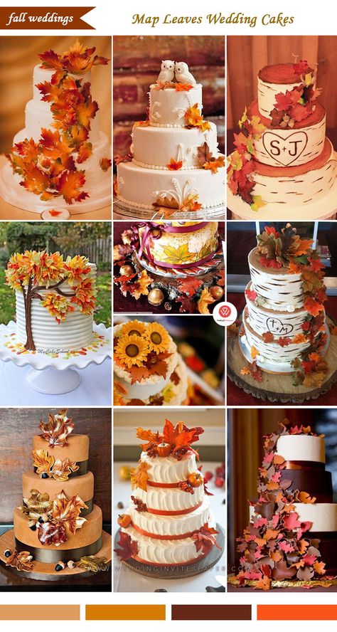 Fall Wedding Cake Ideas, Fall Wedding Cake, Diy Wedding Food, Leaves Diy, Food Samples, Colorful Wedding Cakes, Diy Wedding Cake, Wedding Cake Ideas, Wedding Cake Flavors