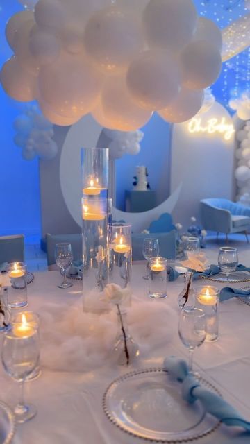 Cloud Party Decor, Dreamy Birthday Theme, Cloud Decoration Party, Cloud Table Decor, Cloud Centerpieces, Cloud 9 Baby Shower Theme, Cloud 9 Theme, Blue Baby Shower Ideas, Blue And White Color Palette