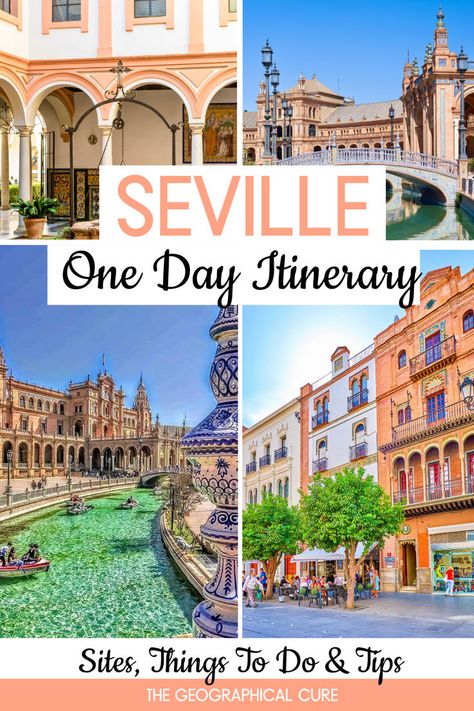 Pinterest pin for 1 days in Seville itinerary Andalusia Travel, Seville Cathedral, Spain Itinerary, Sevilla Spain, Spain Travel Guide, South Of Spain, Andalusia Spain, Seville Spain, The Plaza