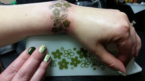 Pyrex Tattoo, Spring Blossom Pyrex, Crazy Daisy Pyrex, Pattern Tattoos, Vintage Pyrex Patterns, Pyrex Patterns, Daisy Tattoo, Blossom Tattoo, Inspired Nails