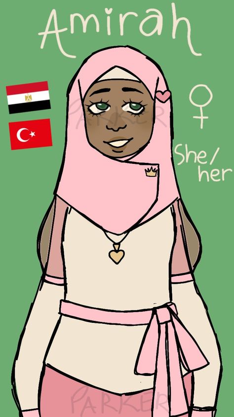 Muslim girl with dark green eyes and olive skin smiling off shot wearing pink hijab and beige shirt with light pink accents and dark pink skirt. Text says "Amirah, Female, She/Her" along side the Egyptian and Turkish flag on a green background. Muslim Character Design, Princesscore Pink, Muslim Love, Oc Drawing, Oc Drawings, Original Character, Character Drawing, Egypt, Love Her