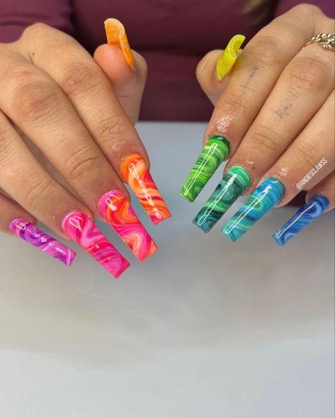 Marble Nails Rainbow, Neon Marble Nail Designs, Bisexual Nail Ideas, Unique Spring Nails, Pride Nails Designs Acrylic, Tie Dye Nails Acrylic, Pride Acrylic Nails, Pride Nails Acrylic, Bright Neon Acrylic Nails