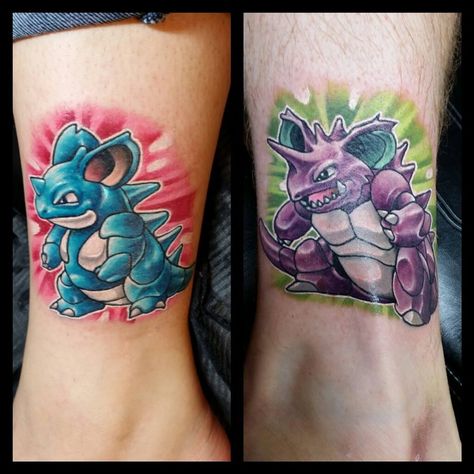 My husband and I got matching Pokemon tattoos - Nidoqueen and Nidoking  @BlackDragonTattoo in Urbana, MD #pokemontattoos Matching Pokemon Tattoos, Tattoos Pokemon, Unique Tattoos Black Women, Pokemon Tattoos, Couple Tattoos Unique Meaningful, Tattoos For Couples, Couple Tattoos Unique, Pokemon Tattoo, Matching Couple Tattoos