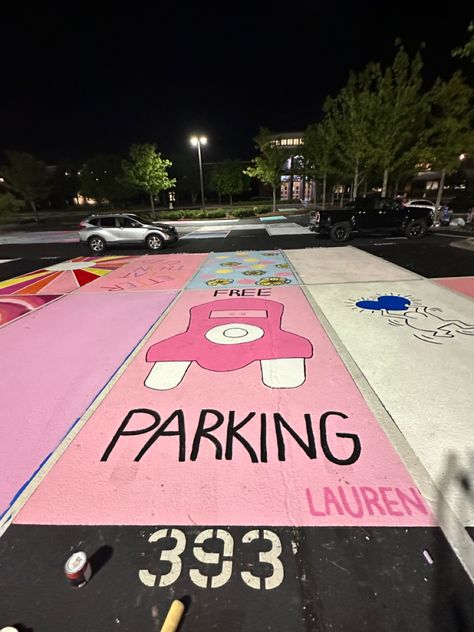 #parkingspot #parkingspotpainting #senior #senioractivities Monopoly Senior Parking Spot, Pink Monopoly, Senior Parking Spots, Senior Board, Senior Parking Spot, Parking Spot Painting, Spot Painting, Senior Activities, Parking Spot