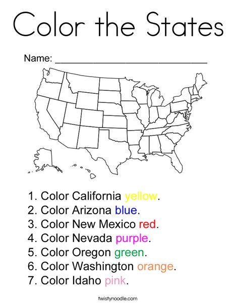 Color the States Coloring Page - Twisty Noodle 50 States Activities, Learning States, Geography Worksheets, Twisty Noodle, Kindergarten Social Studies, States And Capitals, Teaching Geography, Coloring Worksheets, Homeschool Geography