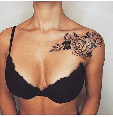 Cover Up Tattoos For Women Shoulder, Under Collar Bone Tattoos, Shoulder Cover Up Tattoos, Collar Tattoo, Front Shoulder Tattoos, Cover Up Tattoos For Women, Clavicle Tattoo, Cute Thigh Tattoos, Rose Shoulder Tattoo