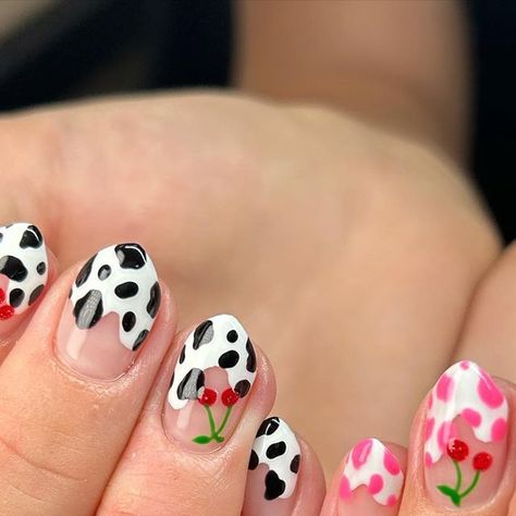 R E B E K A | nail tech on Instagram: "It’s giving cowgirl chic ✨🍒 • • • • Perfect prep thanks to @ericasata ✨affiliate code - REBEKA10 or link in bio ✨ • • #nailedbyrebeka #nailart #naildesign #pittsburghnails #nailartist #handpainted #luminarynailsystems #drymani #structuredmanicure #ericasata #naturalnails #cowprint #cowprintnails #cherrynails #cowgirl" Spring Cow Print Nails, Farm Animal Nails Designs, Farm Nails Designs, Cowprint Nail Design, Farm Animal Nails, Cowgirl Nails Designs, Cowgirl Nails, Nail Tek, Cow Nails