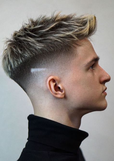 The undercut quiff works best with thicker hair types. The hair on the sides can be separated from the top, bit by bit utilizing the blur or tighten style, just as with a sharp trimmed to grandstand the distinction long. Check more men`s hairstyle ideas. Highlights For Men, Types Of Fade Haircut, Short Quiff, Men Fade Haircut Short, Quiff Haircut, The Undercut, Cool Boys Haircuts, Short Haircuts For Men, Men Blonde Hair