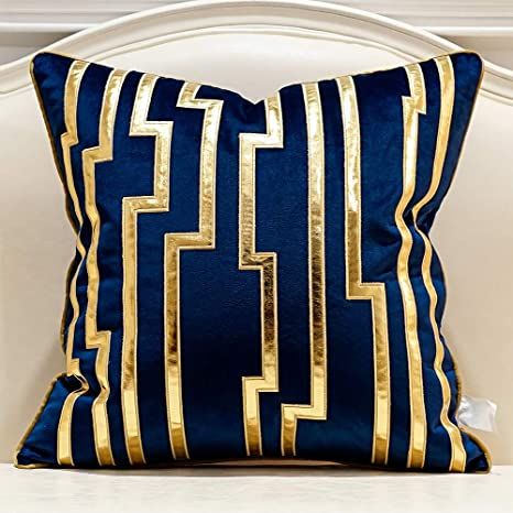 Avigers 20 x 20 Inches Navy Blue Gold Leather Striped Cushion Cases Luxury European Throw Pillow Covers Decorative Pillows for Couch Living Room Bedroom Car 50 x 50cm Blue And Gold Living Room, Blue And Gold Bedroom, Decorative Pillows For Couch, Gold Living, Pillows Couch, Pillow Covers Decorative, Gold Living Room, Geometric Cushions, Handmade Pillowcases