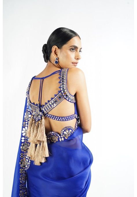 Luxury Blue Art Silk Blouse Piece, Transitional Blue Party Blouse Piece, Transitional Wedding Blue Blouse, Blue Tissue Silk Blouse Piece For Party, Scallop Blouse Designs, Choli Cut Blouse Design, Royal Blue Blouse Designs, Georgette Blouse Designs, Choli Cut Blouse