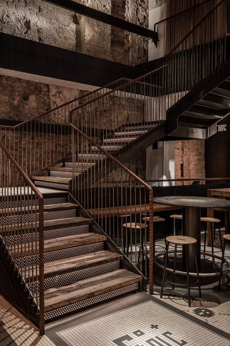 Cozy Bar, Warehouse Design, Metal Stairs, Rustic Bar, Lviv Ukraine, Bars And Restaurants, Interior Stairs, Under One Roof, Bar Design Restaurant