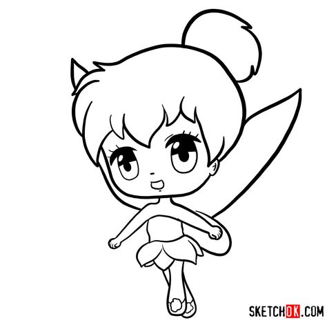 How to draw Tinker Bell chibi - Step by step drawing tutorials Tinkerbell Doodle, Tinker Bell Easy Drawing, How To Draw Tinkerbell, Tinker Bell Outline Tattoo, Chibi Tinkerbell, Tinkerbell Drawing, Chibi Coloring, How To Draw Chibi, Disney Drawing Tutorial