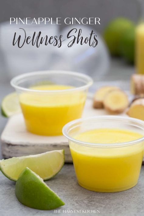 This Ginger shot is a mix of fresh ginger that we juice with fresh pineapple and lime.  It’s loaded with antioxidant and anti-inflammatory benefits to give a good boost to your immune system. Ginger Shot Benefits, Pineapple Shots, Immunity Shots, Ginger Pineapple, Ginger Shot Recipe, Pineapple Benefits, Pineapple Ginger, Turmeric Shots, Harvest Kitchen